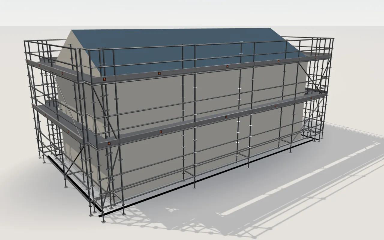 OLAN R+ scaffolding around a house of 11.4 × 5.3 m with a gabled roof (eaves 4.5 m, ridge 6 m), drawn by the ScaFix 3D model