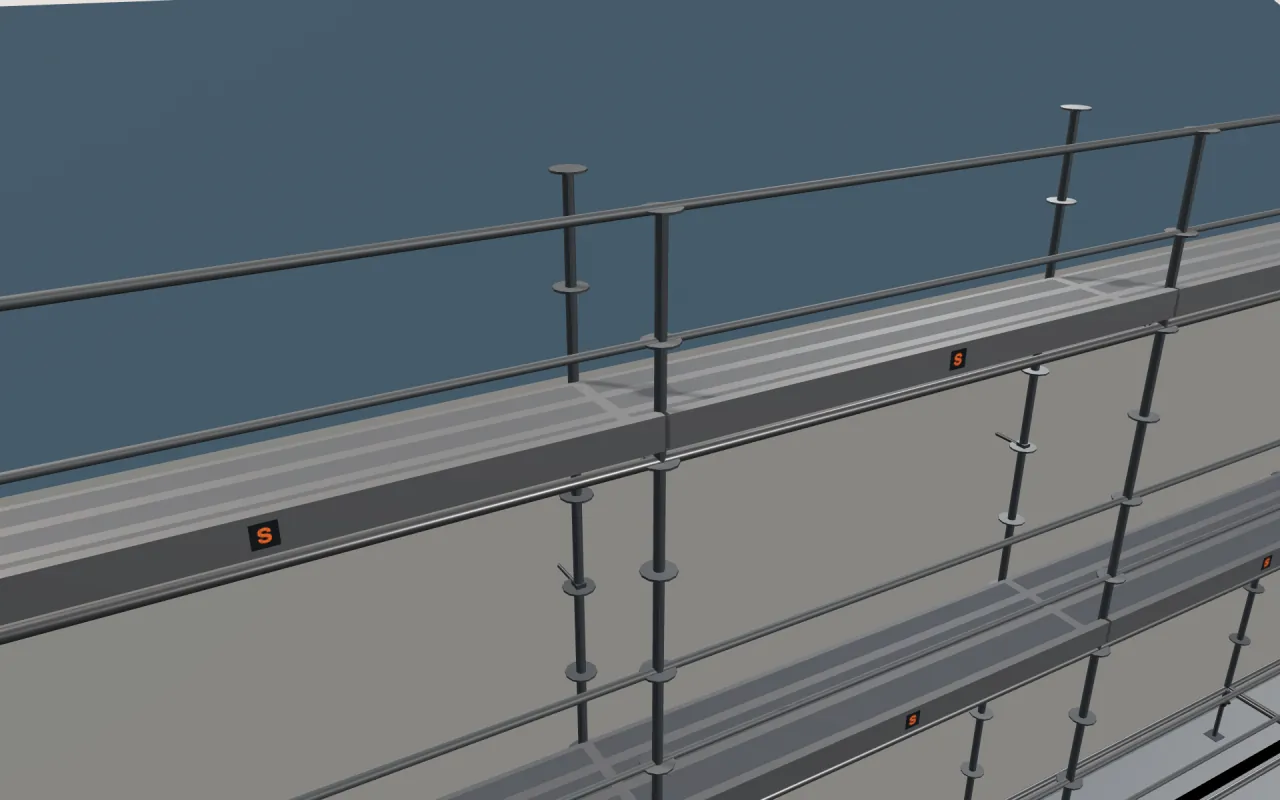 Close-up of the top Plettac Distribution PDM lift below the eaves, with guardrails and toe boards, in the ScaFix 3D model