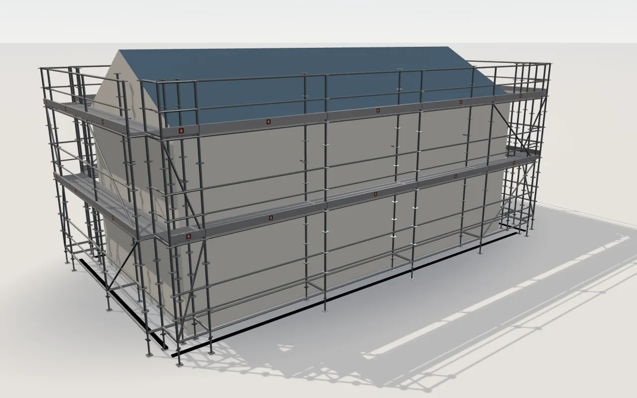 Plettac Distribution PDM scaffolding around a house of 11.4 × 5.3 m with a gabled roof (eaves 4.5 m, ridge 6 m), drawn by the ScaFix 3D model