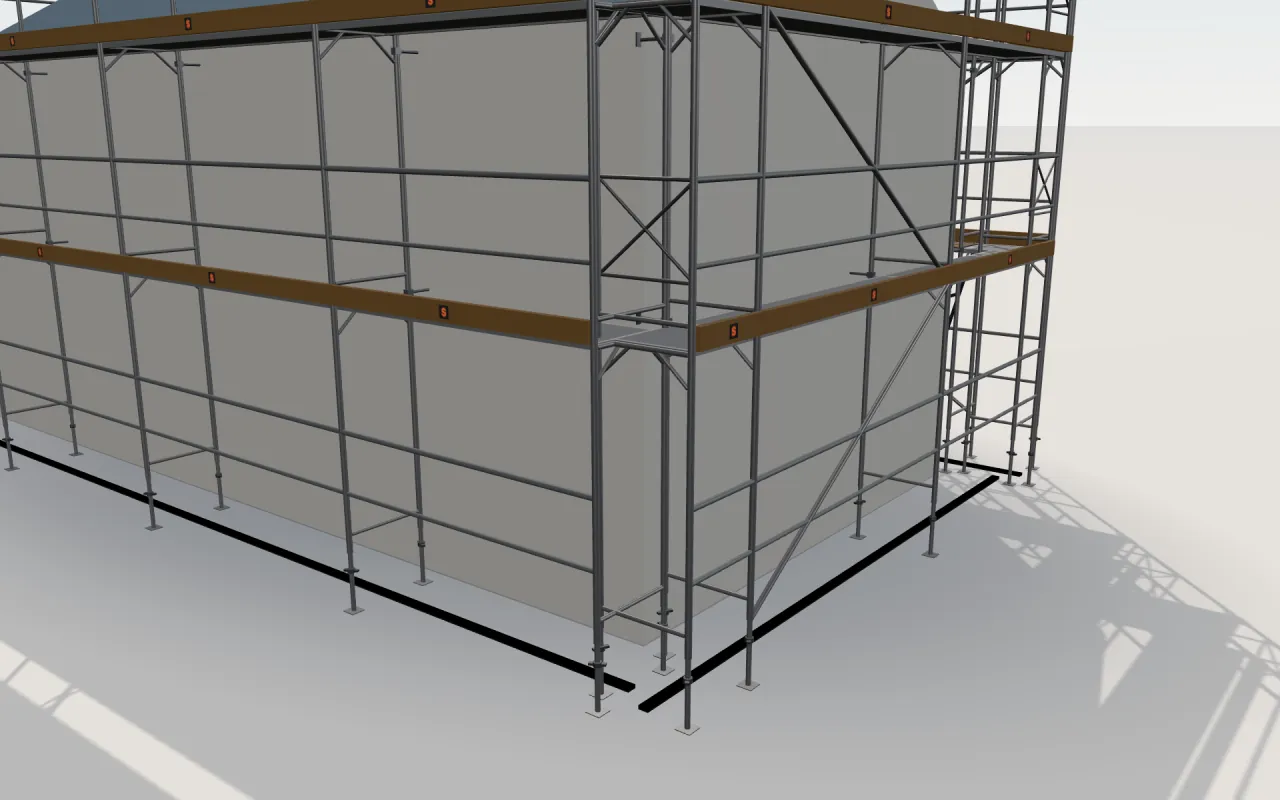 Close-up of the corner where the long wall and the gable wall meet, with PERALTA Donnergerüst 70 S standards, decks, guardrails and toe boards in the ScaFix 3D model