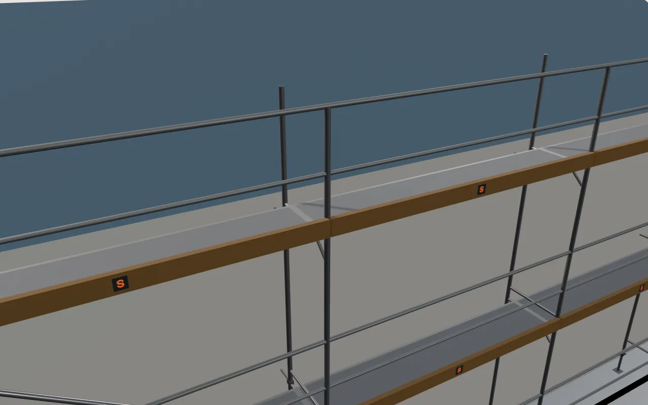 Close-up of the top PERALTA Donnergerüst 70 S lift below the eaves, with guardrails and toe boards, in the ScaFix 3D model