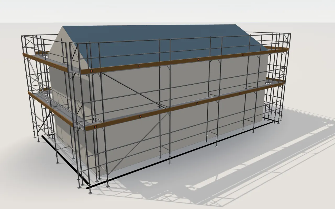 PERALTA Donnergerüst 70 S scaffolding around a house of 11.4 × 5.3 m with a gabled roof (eaves 4.5 m, ridge 6 m), drawn by the ScaFix 3D model