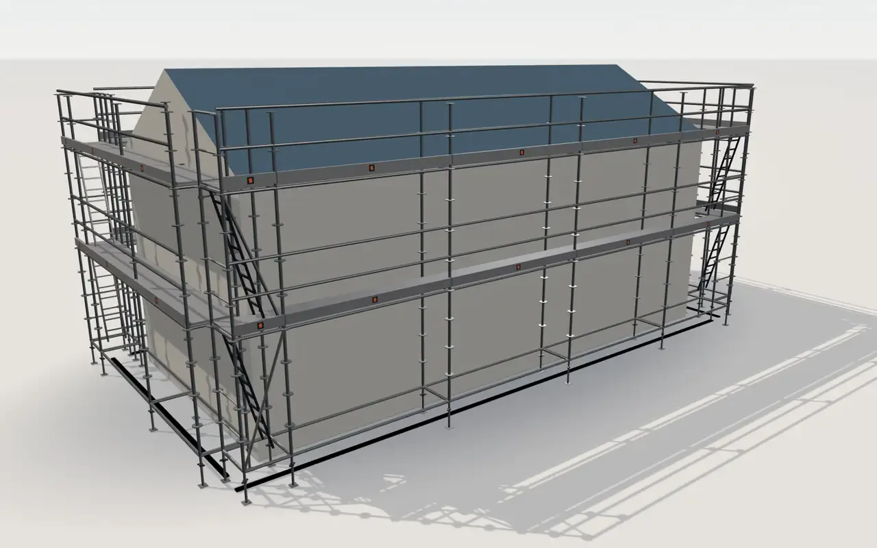 PERI UP scaffolding around a house of 11.4 × 5.3 m with a gabled roof (eaves 4.5 m, ridge 6 m), in the ScaFix 3D model