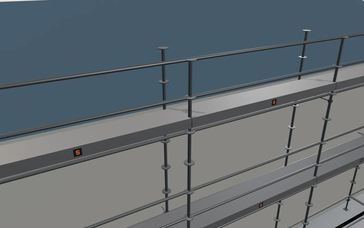Close-up of the top PERI UP lift below the eaves, with guardrails and toe boards, in the ScaFix 3D model