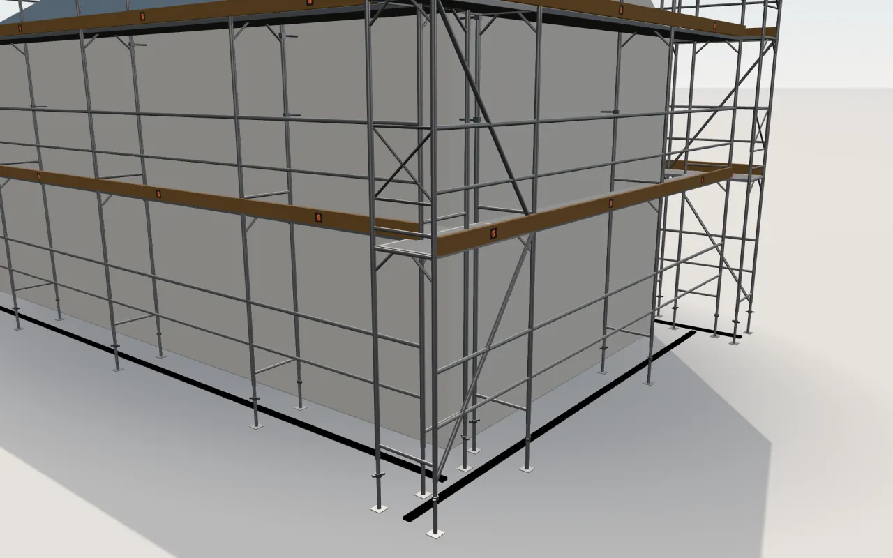 Close-up of the corner where the long wall and the gable wall meet, with PERI UP Easy standards, decks, guardrails and toe boards in the ScaFix 3D model