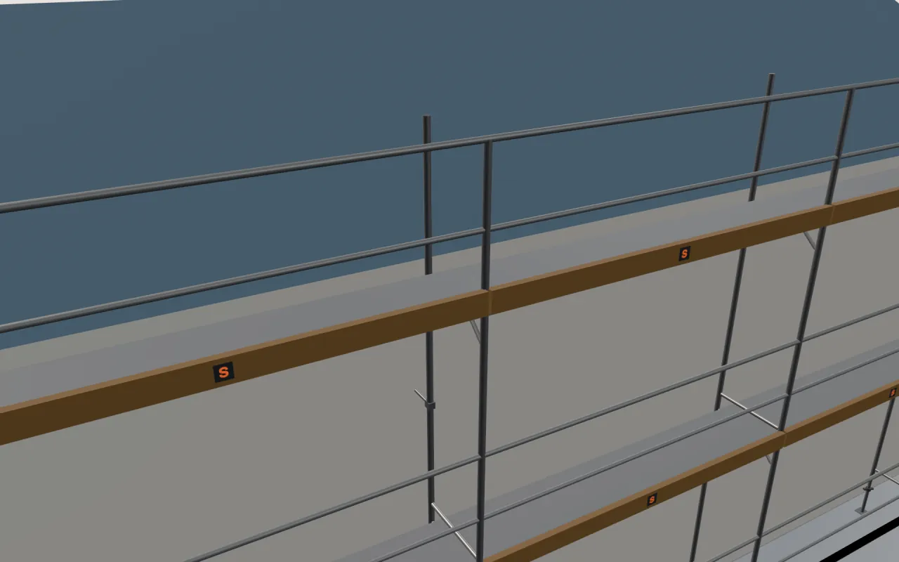 Close-up of the top PERI UP Easy lift below the eaves, with guardrails and toe boards, in the ScaFix 3D model