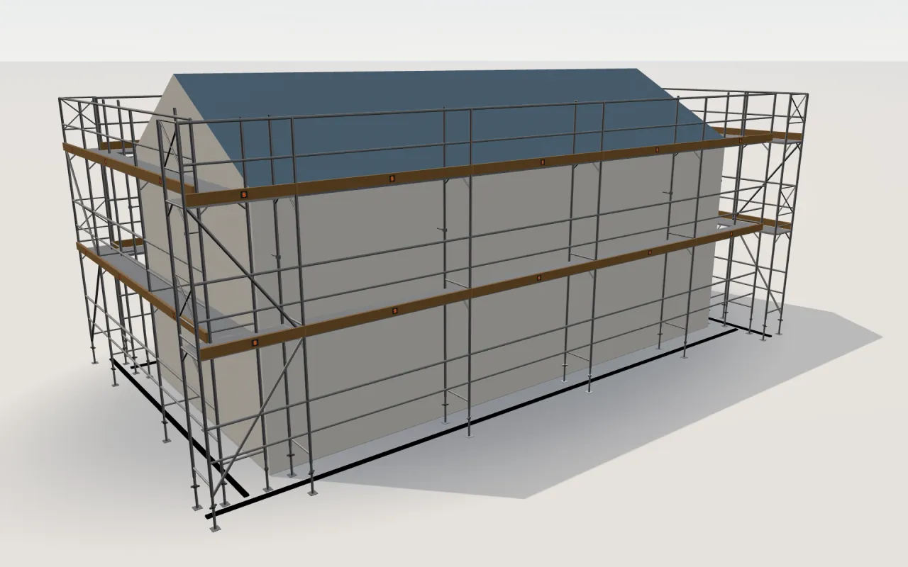 PERI UP Easy scaffolding around a house of 11.4 × 5.3 m with a gabled roof (eaves 4.5 m, ridge 6 m), drawn by the ScaFix 3D model