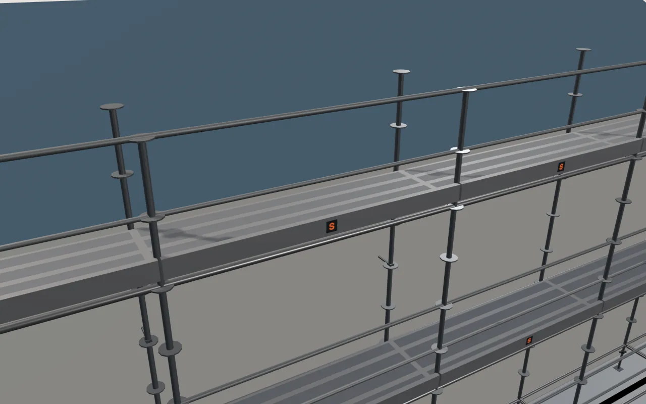 Close-up of the top Pilosio MP lift below the eaves, with guardrails and toe boards, in the ScaFix 3D model