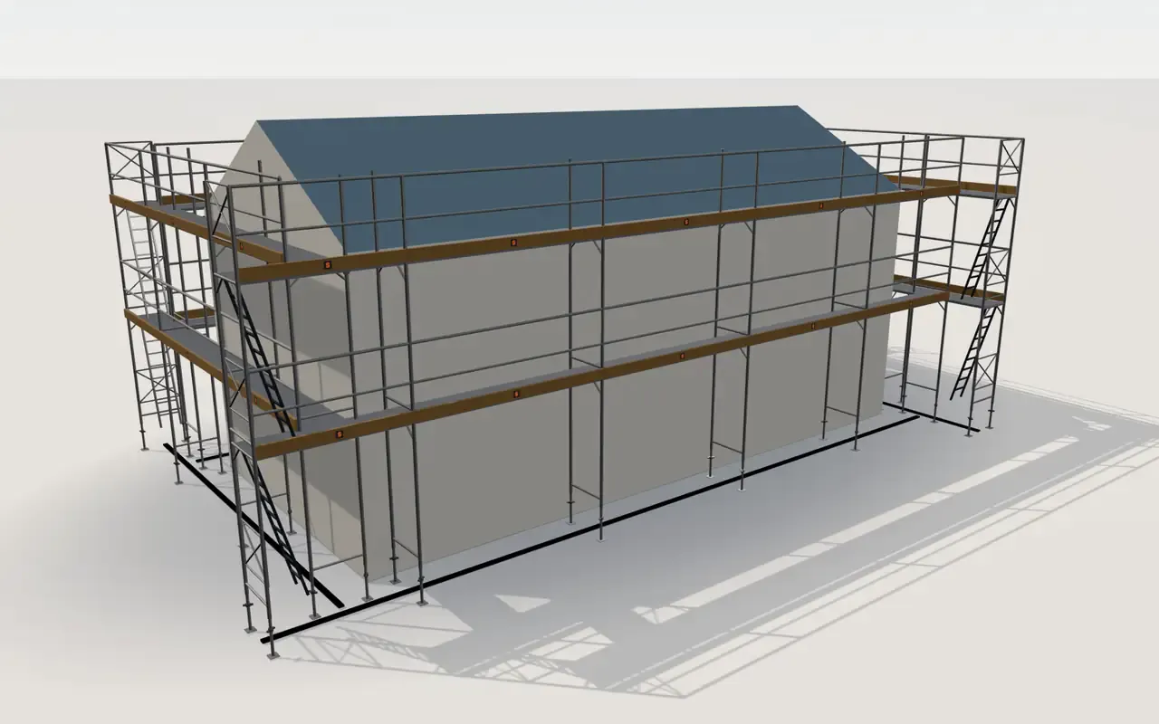 Plettac SL 70/100 scaffolding around a house of 11.4 × 5.3 m with a gabled roof (eaves 4.5 m, ridge 6 m), in the ScaFix 3D model