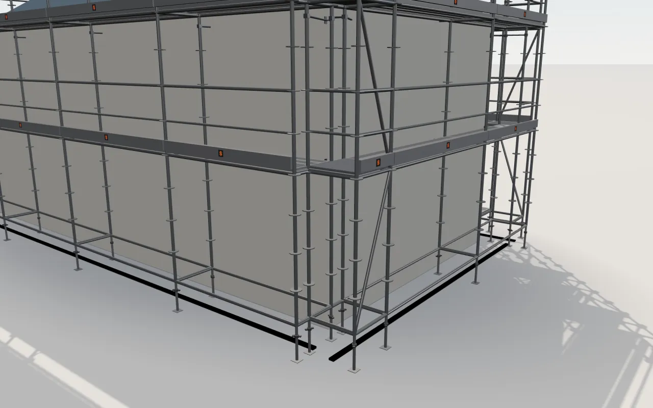 Close-up of the corner where the long wall and the gable wall meet, with Plettac Contur standards, decks, guardrails and toe boards in the ScaFix 3D model