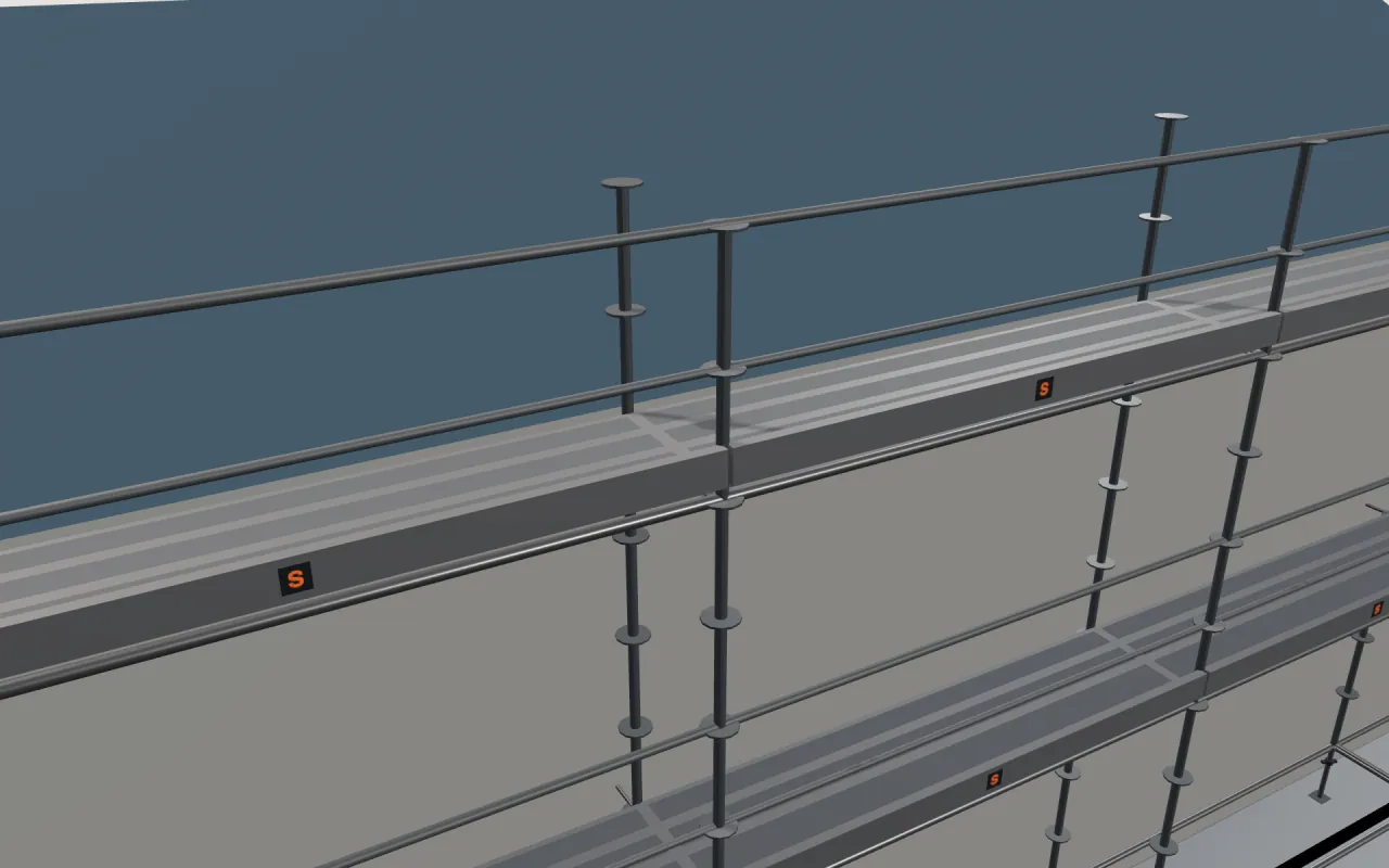 Close-up of the top Plettac Contur lift below the eaves, with guardrails and toe boards, in the ScaFix 3D model