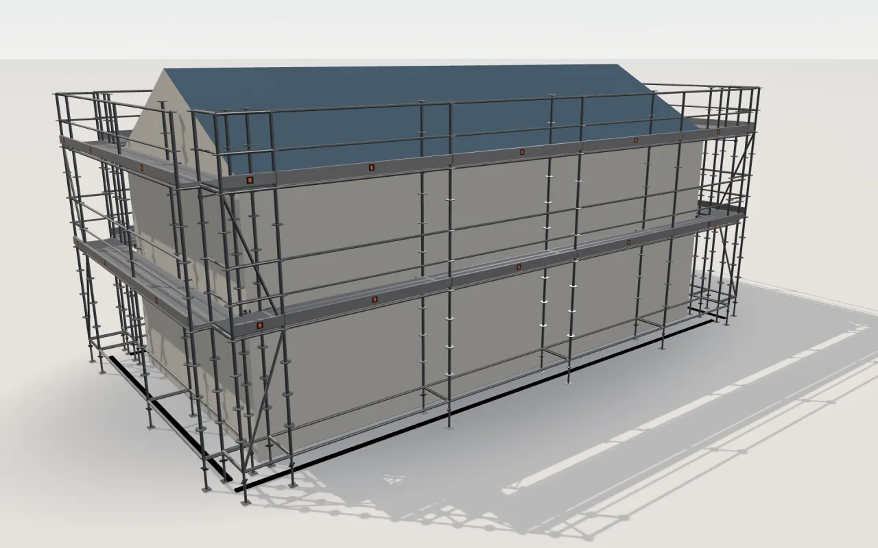 Plettac Contur scaffolding around a house of 11.4 × 5.3 m with a gabled roof (eaves 4.5 m, ridge 6 m), drawn by the ScaFix 3D model