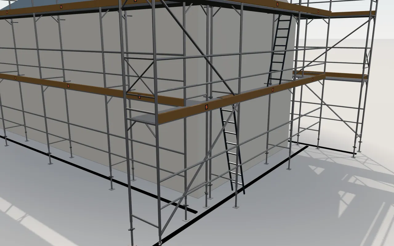 Close-up of the corner where the long wall and the gable wall meet, with Plettac SL 70 Alu standards, decks, guardrails and toe boards in the ScaFix 3D model