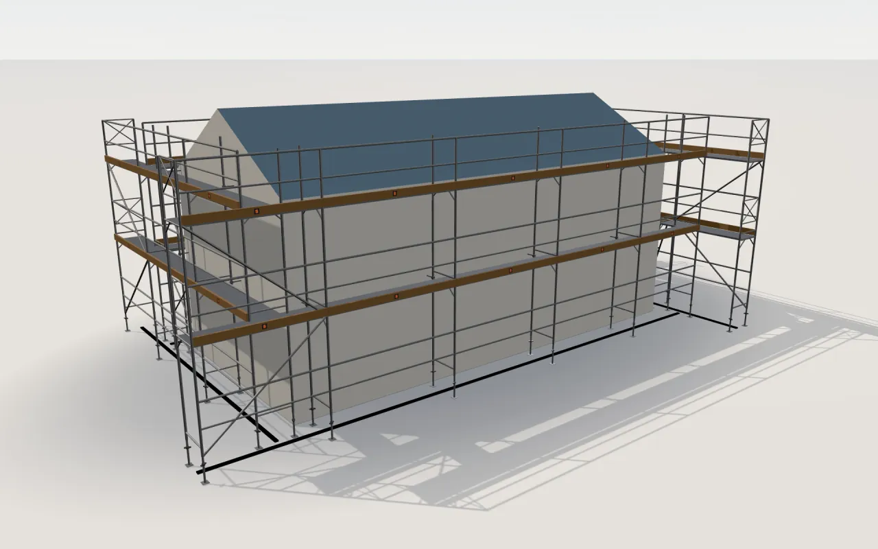 Plettac SL 70 Alu scaffolding around a house of 11.4 × 5.3 m with a gabled roof (eaves 4.5 m, ridge 6 m), drawn by the ScaFix 3D model