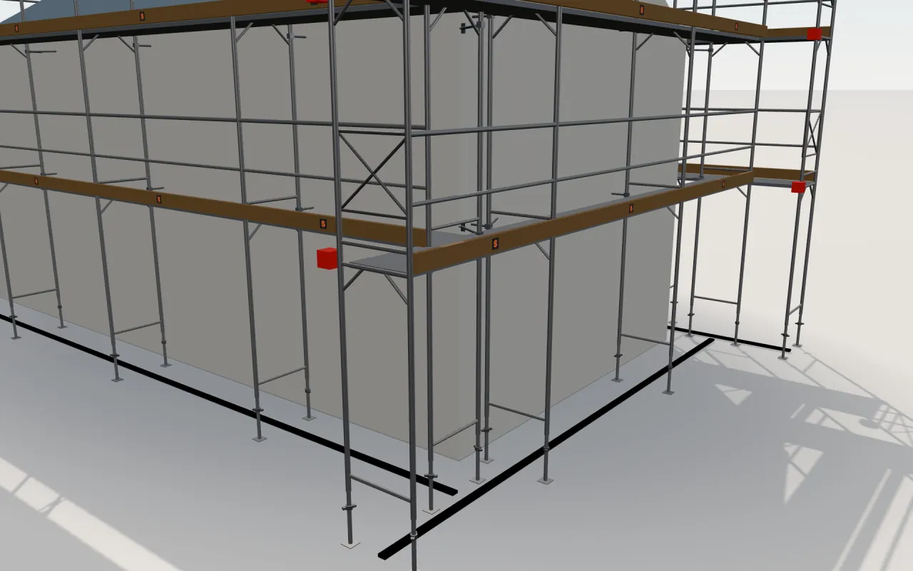 Nærbilde av hjørnet der langveggen og gavlveggen møtes, med Plettac SL 70/100-spirer, lemmer, rekkverk og fotlister i ScaFix sin 3D-modell