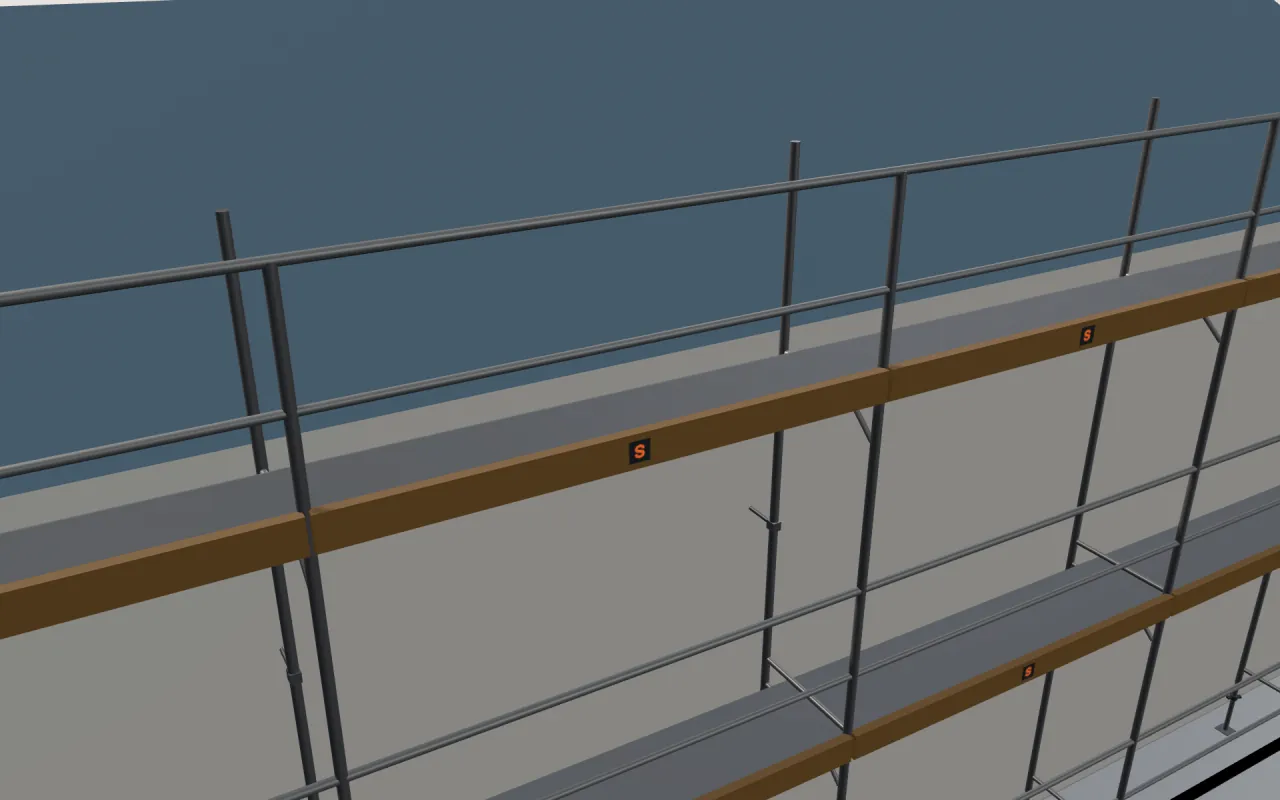 Close-up of the top RARIS Alu lift below the eaves, with guardrails and toe boards, in the ScaFix 3D model