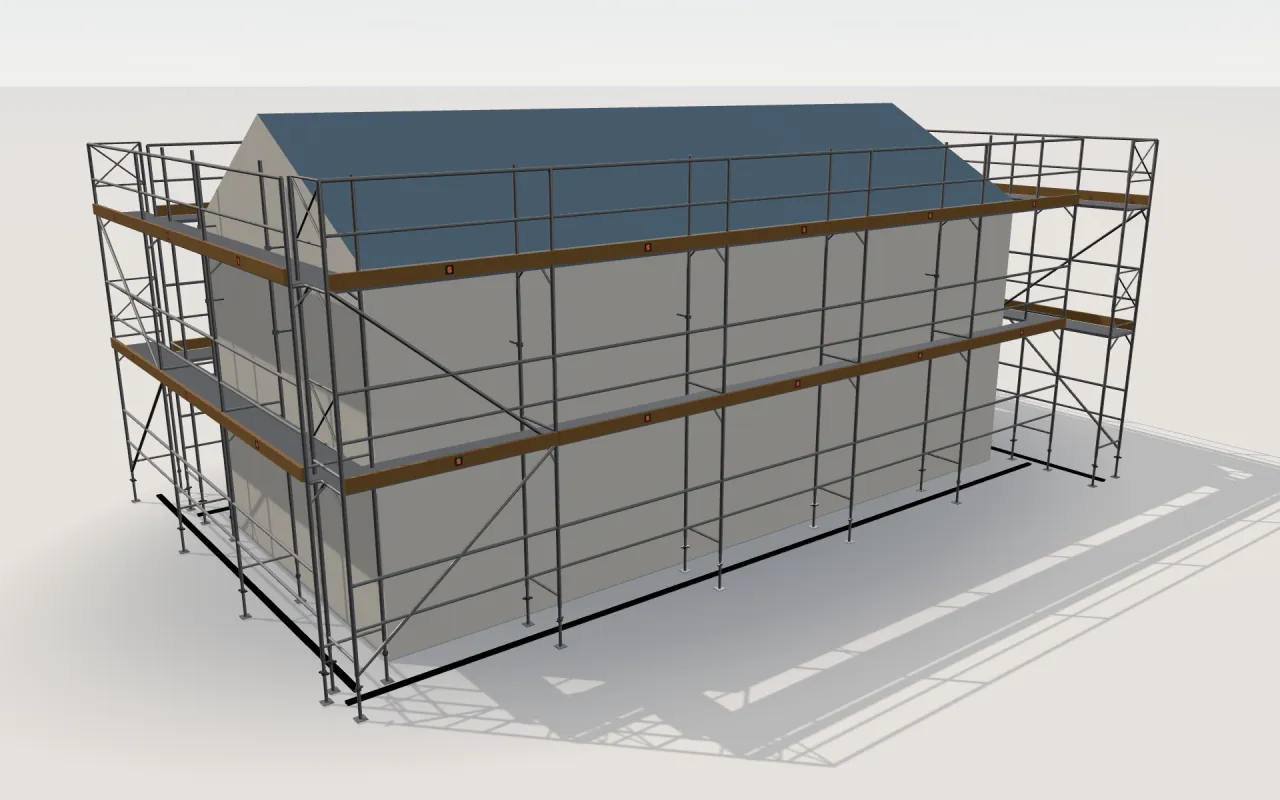 RARIS Alu scaffolding around a house of 11.4 × 5.3 m with a gabled roof (eaves 4.5 m, ridge 6 m), drawn by the ScaFix 3D model