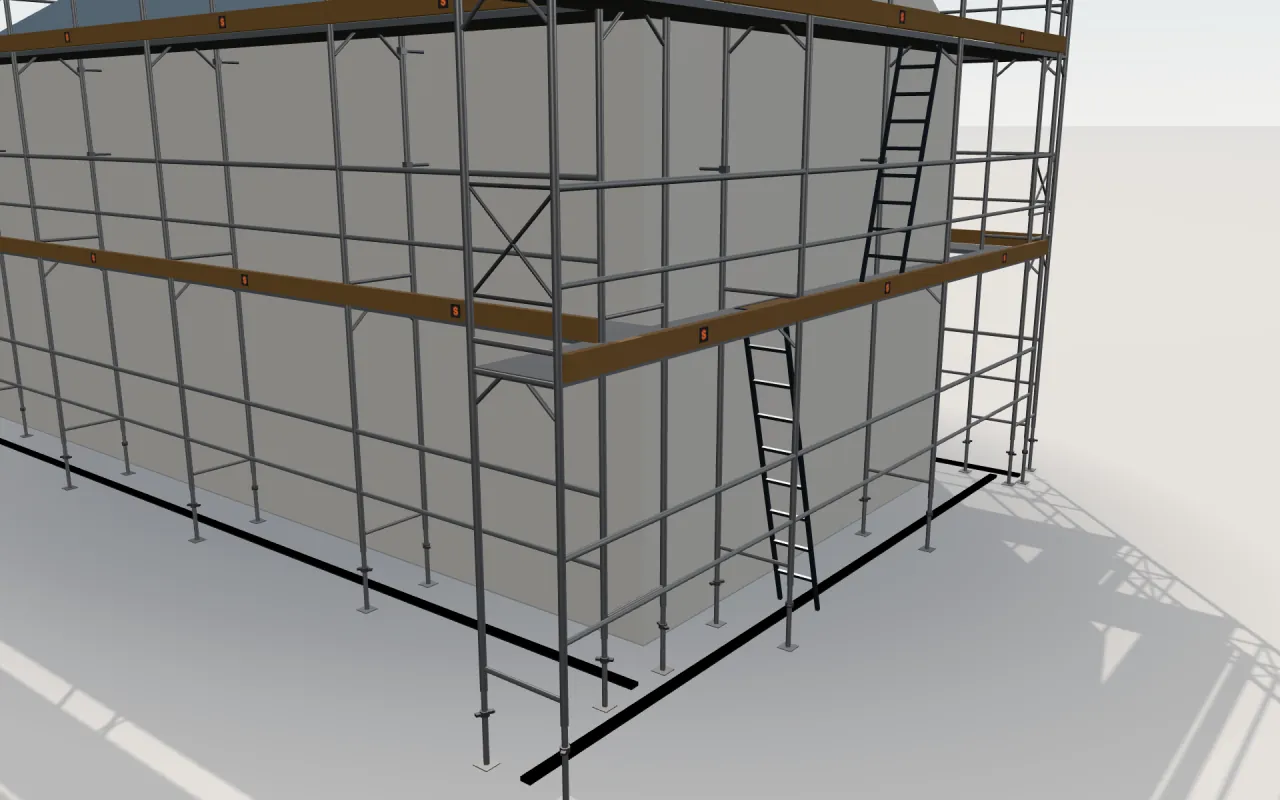 Close-up of the corner where the long wall and the gable wall meet, with Ringer Doppelgeländer standards, decks, guardrails and toe boards in the ScaFix 3D model