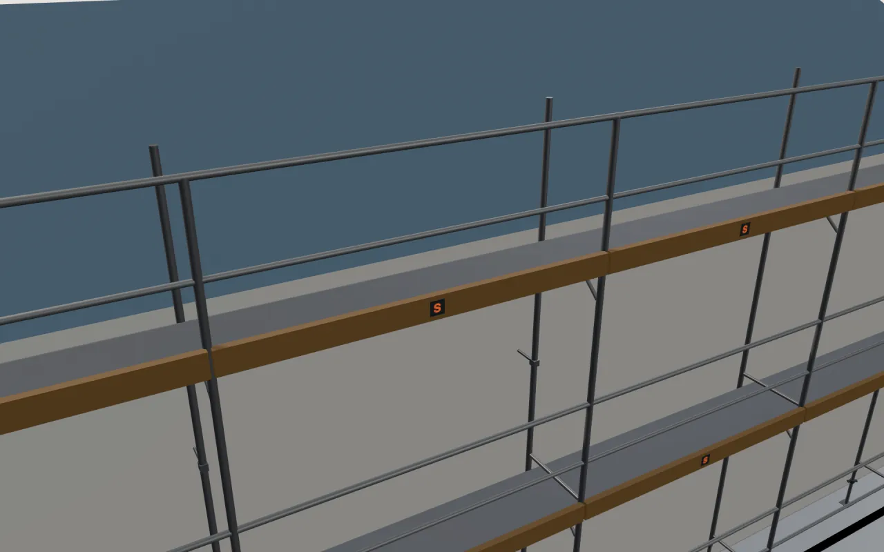 Close-up of the top Ringer Doppelgeländer lift below the eaves, with guardrails and toe boards, in the ScaFix 3D model