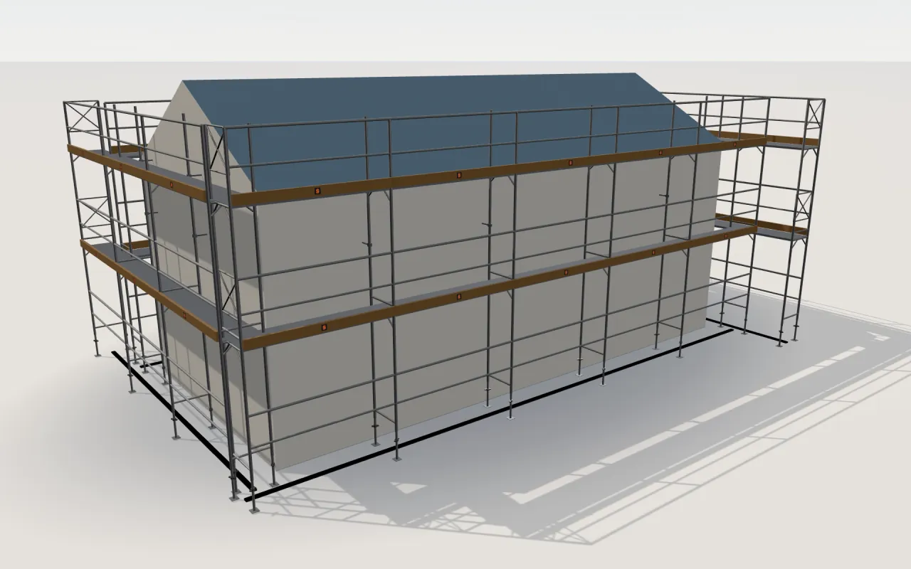 Ringer Doppelgeländer scaffolding around a house of 11.4 × 5.3 m with a gabled roof (eaves 4.5 m, ridge 6 m), drawn by the ScaFix 3D model