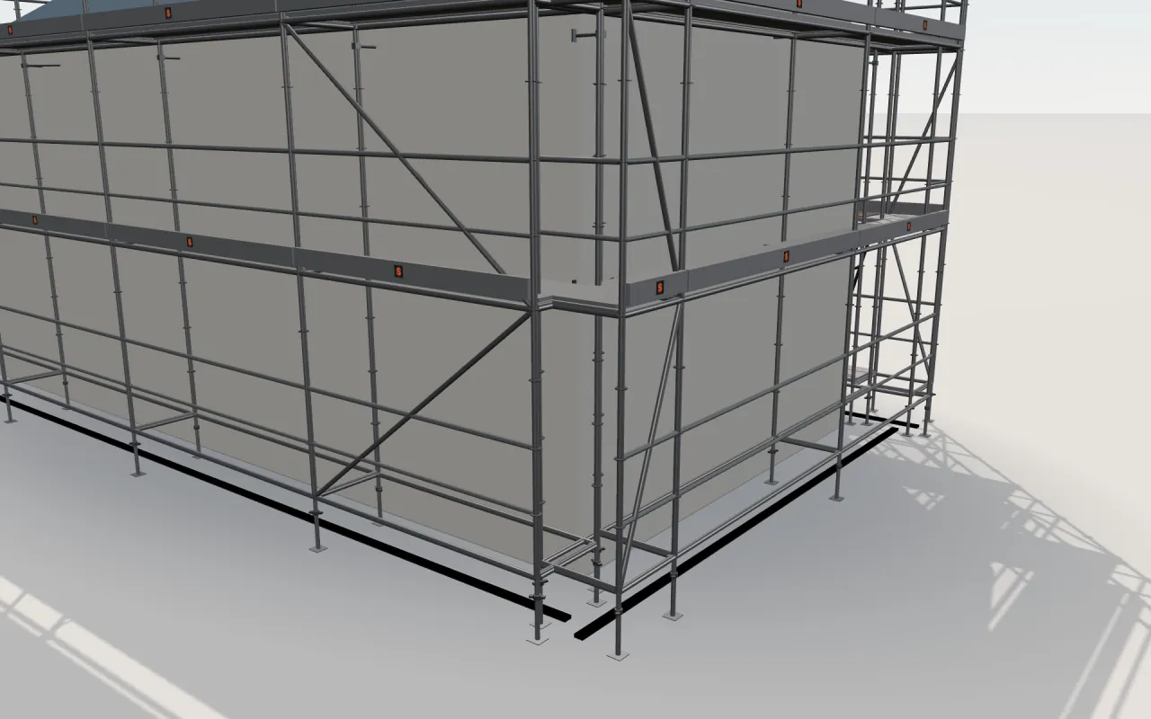 Close-up of the corner where the long wall and the gable wall meet, with ROTAX Plus standards, decks, guardrails and toe boards in the ScaFix 3D model