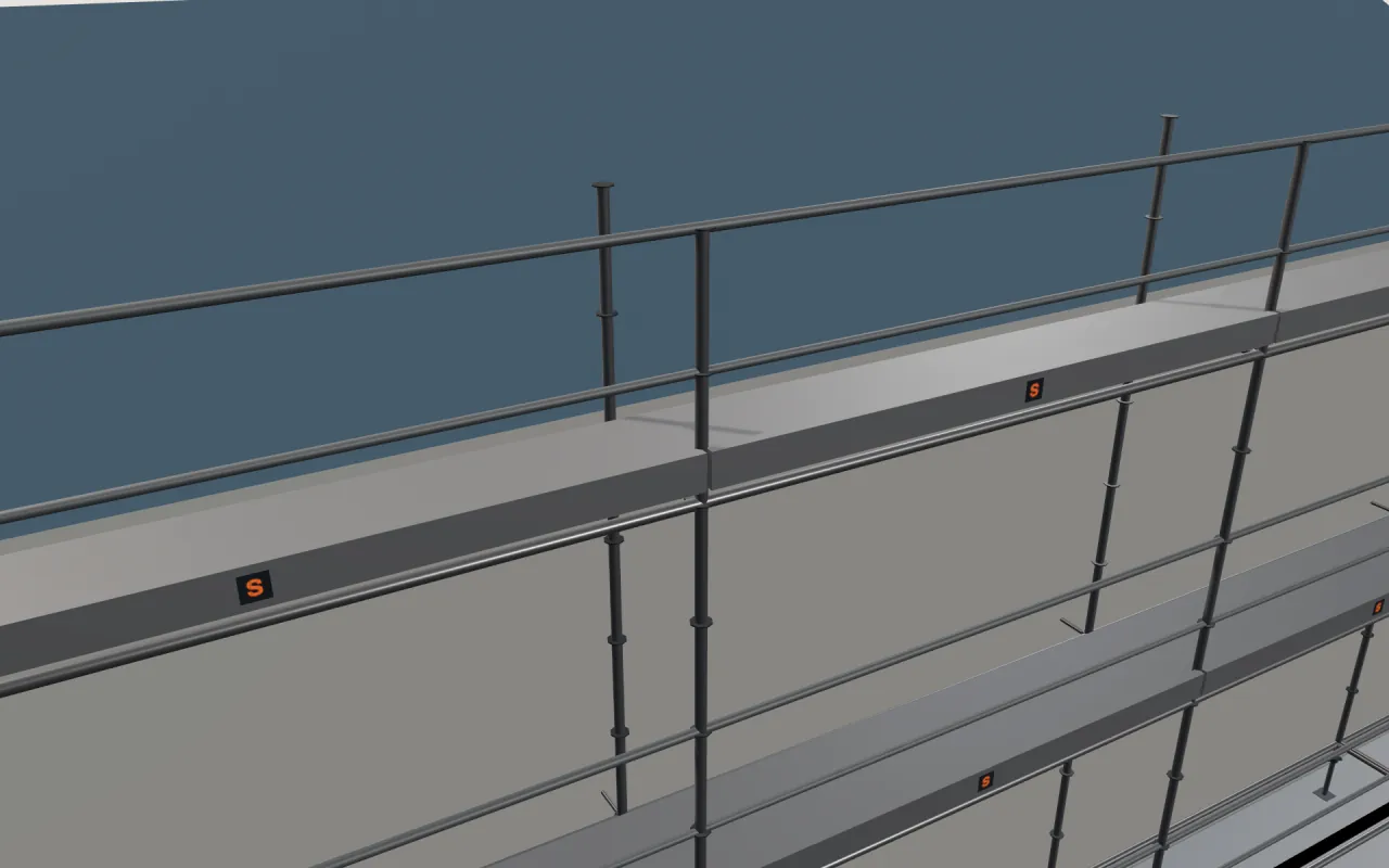 Close-up of the top ROTAX Plus lift below the eaves, with guardrails and toe boards, in the ScaFix 3D model