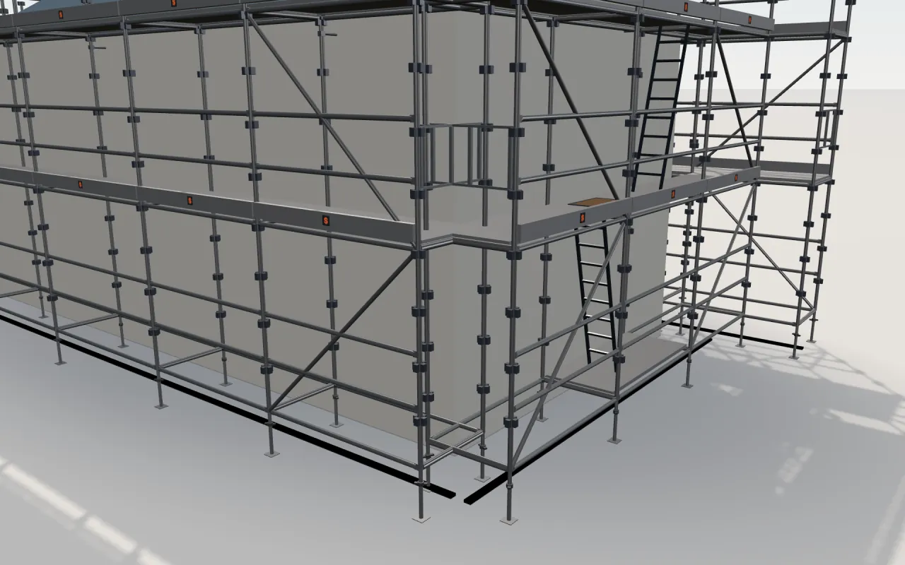 Close-up of the corner where the long wall and the gable wall meet, with RUBO RK standards, decks, guardrails and toe boards in the ScaFix 3D model