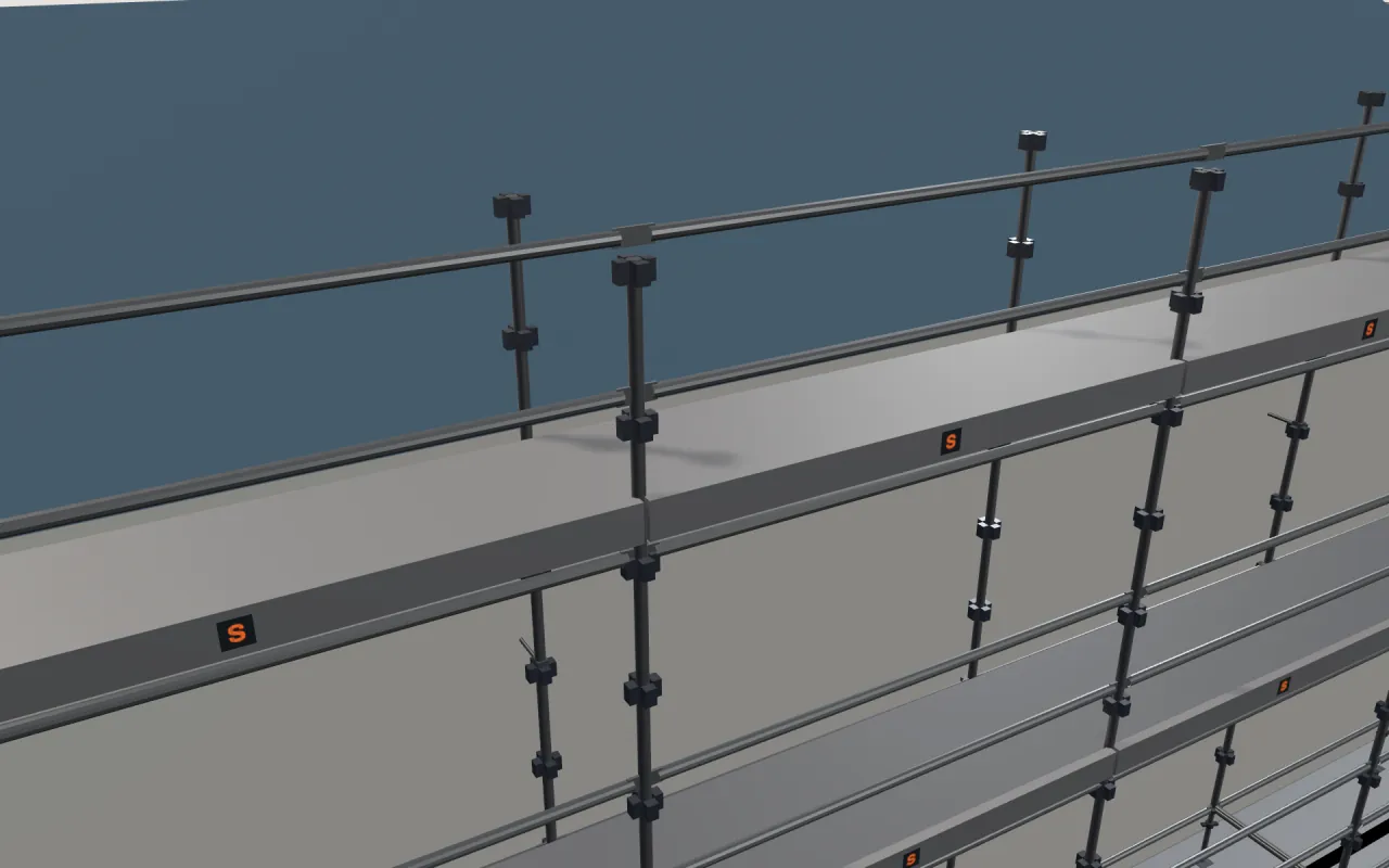 Close-up of the top RUBO RK lift below the eaves, with guardrails and toe boards, in the ScaFix 3D model