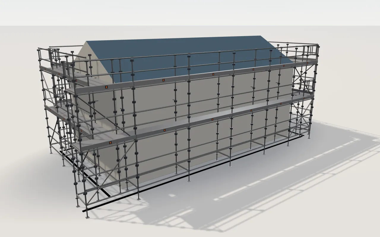 RUBO RK scaffolding around a house of 11.4 × 5.3 m with a gabled roof (eaves 4.5 m, ridge 6 m), drawn by the ScaFix 3D model