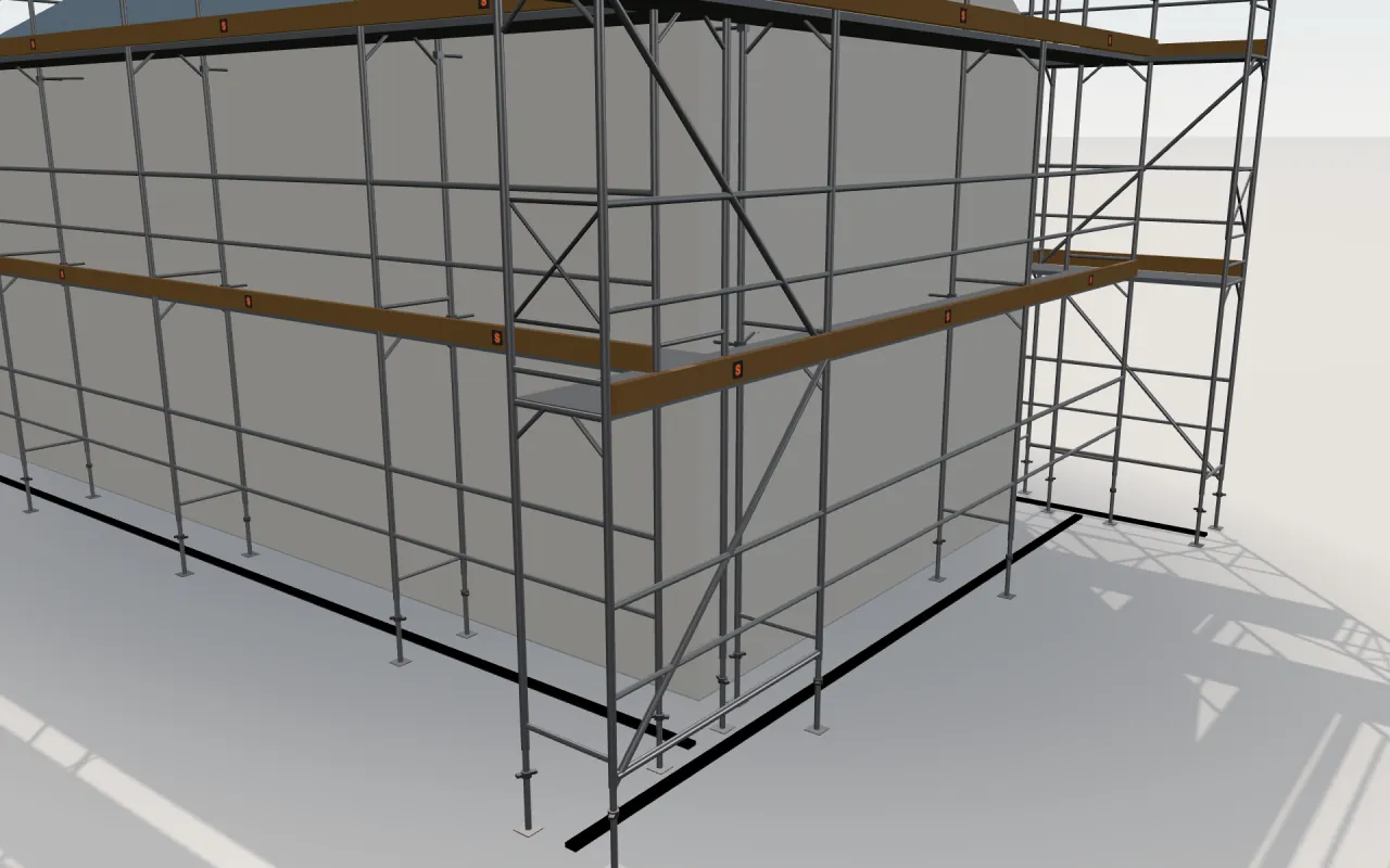 Close-up of the corner where the long wall and the gable wall meet, with Scafom-Rux SUPER 65 standards, decks, guardrails and toe boards in the ScaFix 3D model