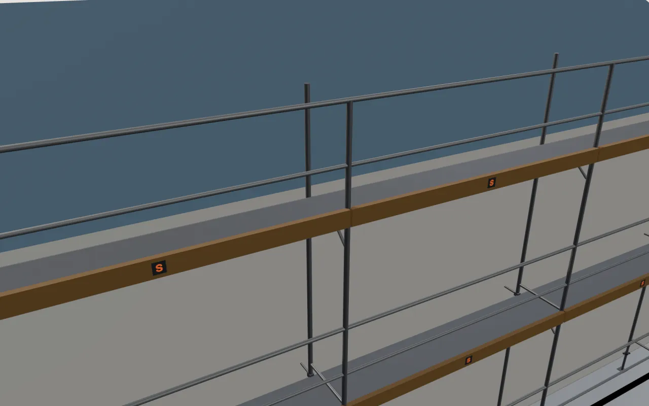 Close-up of the top Scafom-Rux SUPER 65 lift below the eaves, with guardrails and toe boards, in the ScaFix 3D model