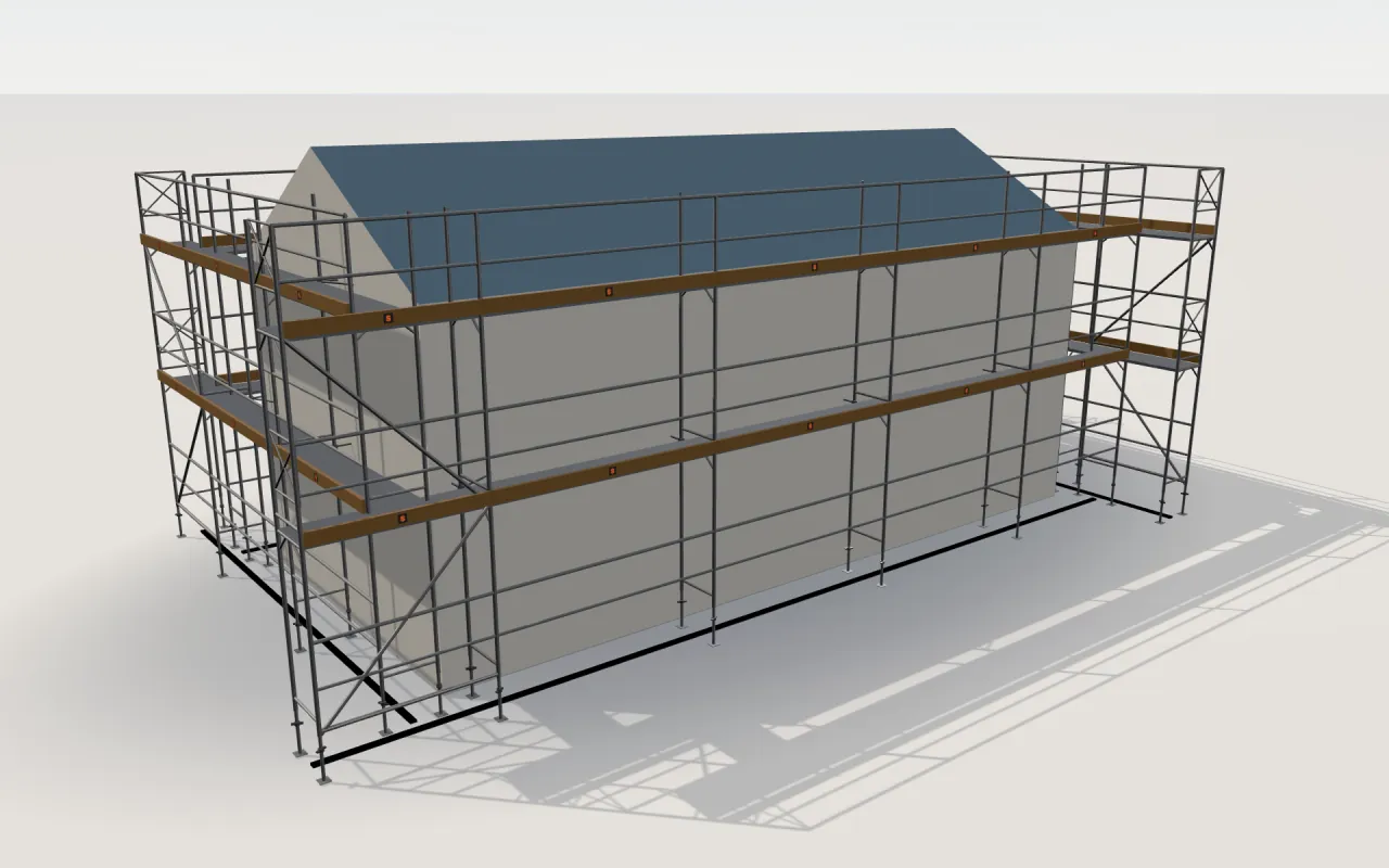 Scafom-Rux SUPER 65 scaffolding around a house of 11.4 × 5.3 m with a gabled roof (eaves 4.5 m, ridge 6 m), drawn by the ScaFix 3D model