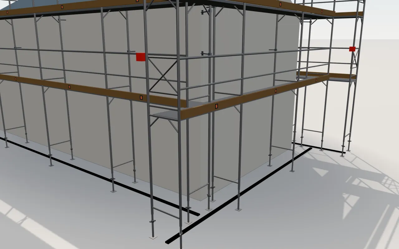 Close-up of the corner where the long wall and the gable wall meet, with Scafom-Rux SUPER standards, decks, guardrails and toe boards in the ScaFix 3D model