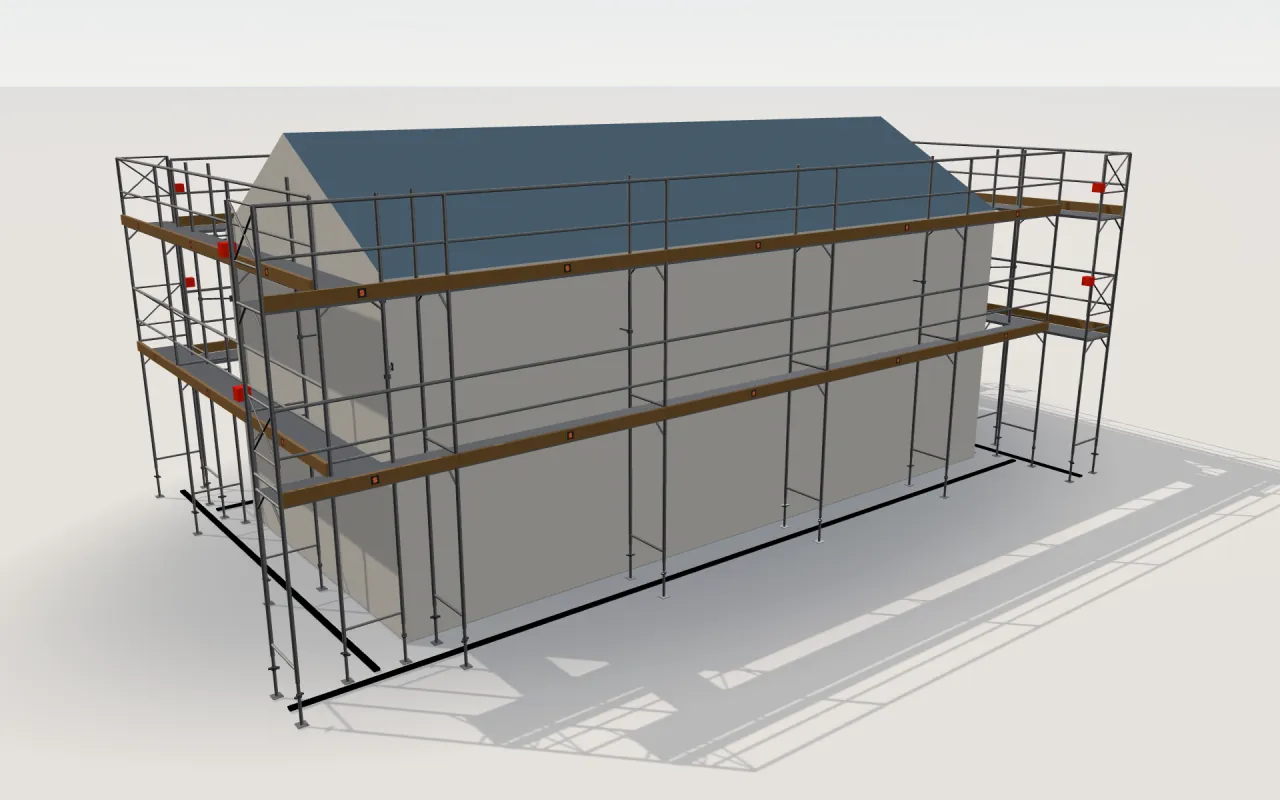 Scafom-Rux SUPER scaffolding around a house of 11.4 × 5.3 m with a gabled roof (eaves 4.5 m, ridge 6 m), drawn by the ScaFix 3D model