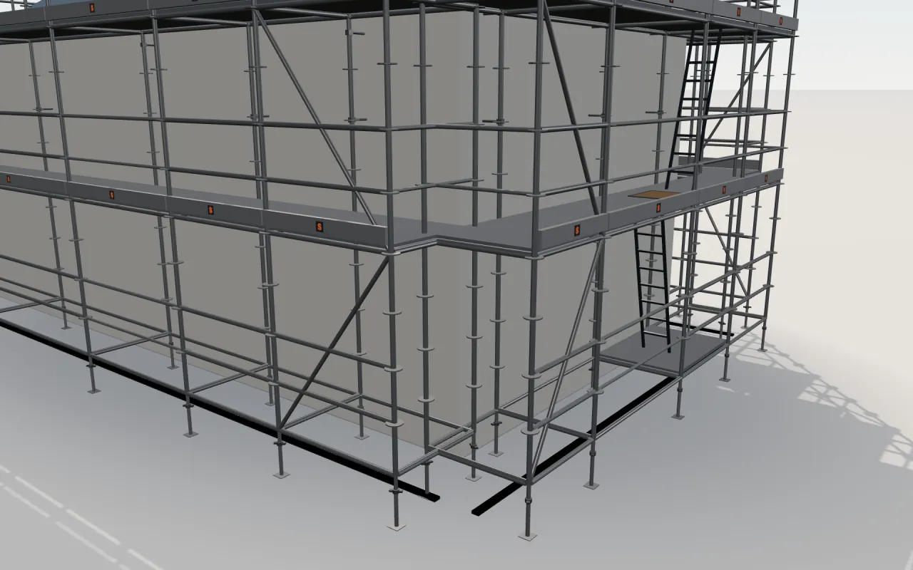 Close-up of the corner where the long wall and the gable wall meet, with BrandSafway SafLock standards, decks, guardrails and toe boards in the ScaFix 3D model
