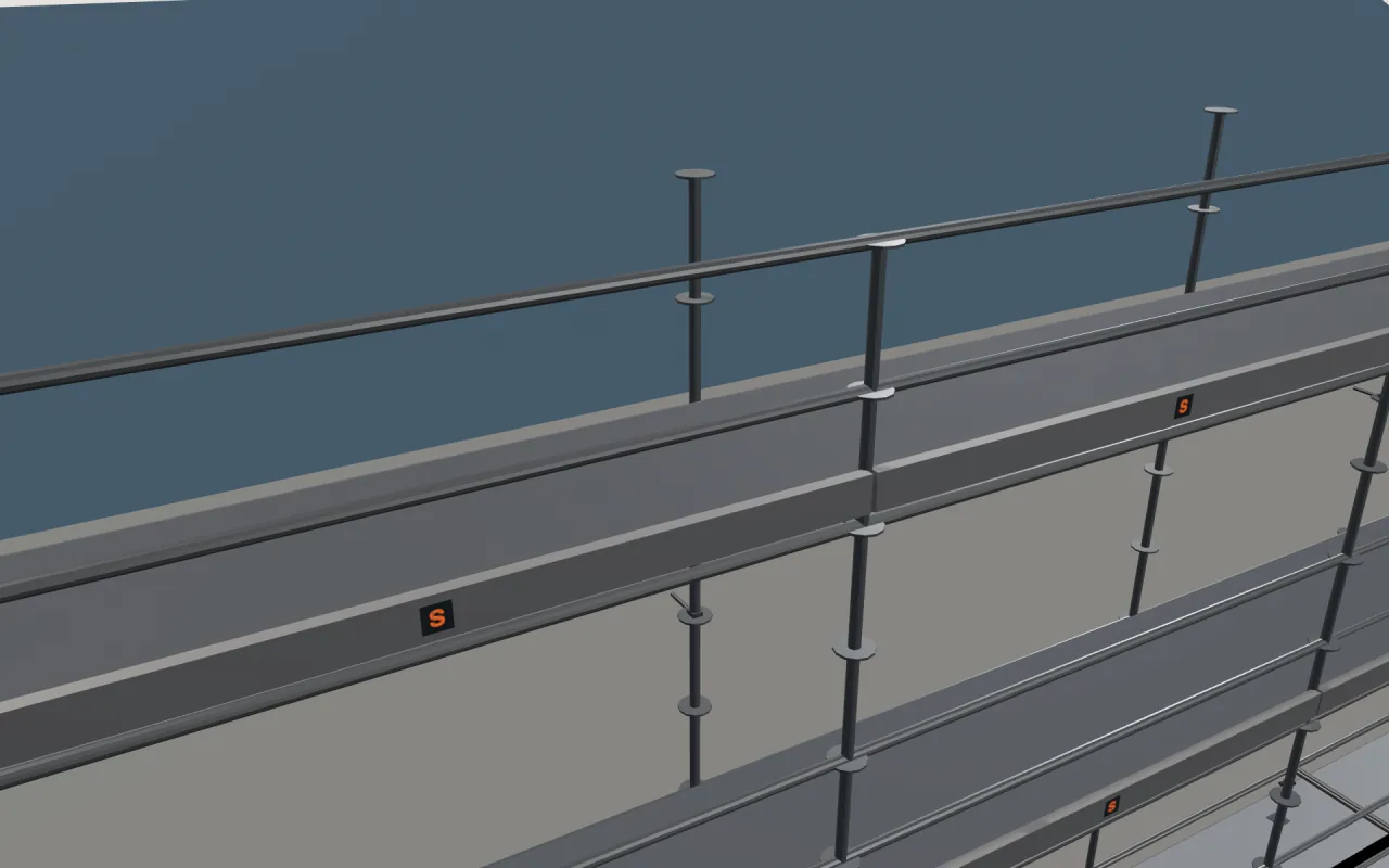 Close-up of the top BrandSafway SafLock lift below the eaves, with guardrails and toe boards, in the ScaFix 3D model