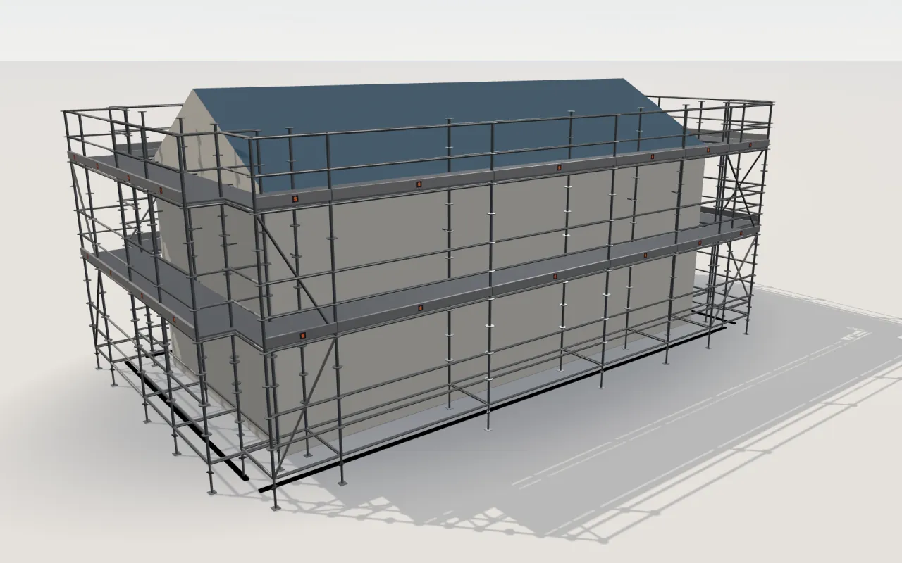 BrandSafway SafLock scaffolding around a house of 11.4 × 5.3 m with a gabled roof (eaves 4.5 m, ridge 6 m), drawn by the ScaFix 3D model