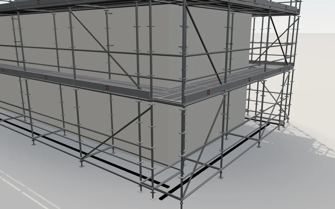 Close-up of the corner where the long wall and the gable wall meet, with Safway Systems Scaffold standards, decks, guardrails and toe boards in the ScaFix 3D model