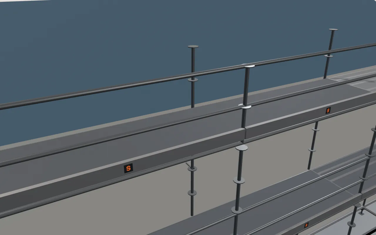 Close-up of the top Safway Systems Scaffold lift below the eaves, with guardrails and toe boards, in the ScaFix 3D model