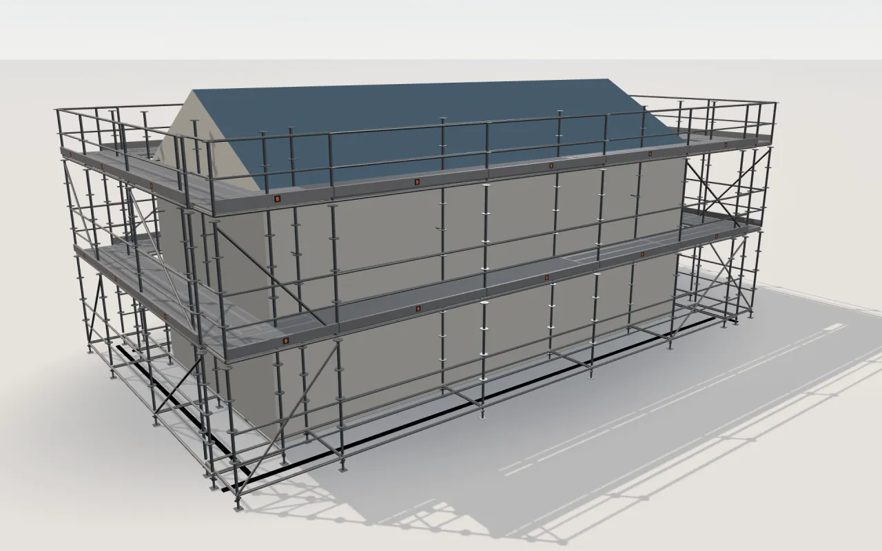 Safway Systems Scaffold scaffolding around a house of 11.4 × 5.3 m with a gabled roof (eaves 4.5 m, ridge 6 m), drawn by the ScaFix 3D model