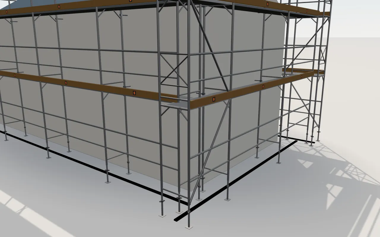 Close-up of the corner where the long wall and the gable wall meet, with Scaffolding Center SC 70 standards, decks, guardrails and toe boards in the ScaFix 3D model