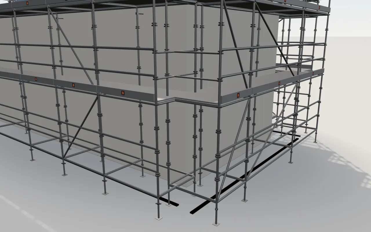 Close-up of the corner where the long wall and the gable wall meet, with SGB CUPLOK standards, decks, guardrails and toe boards in the ScaFix 3D model