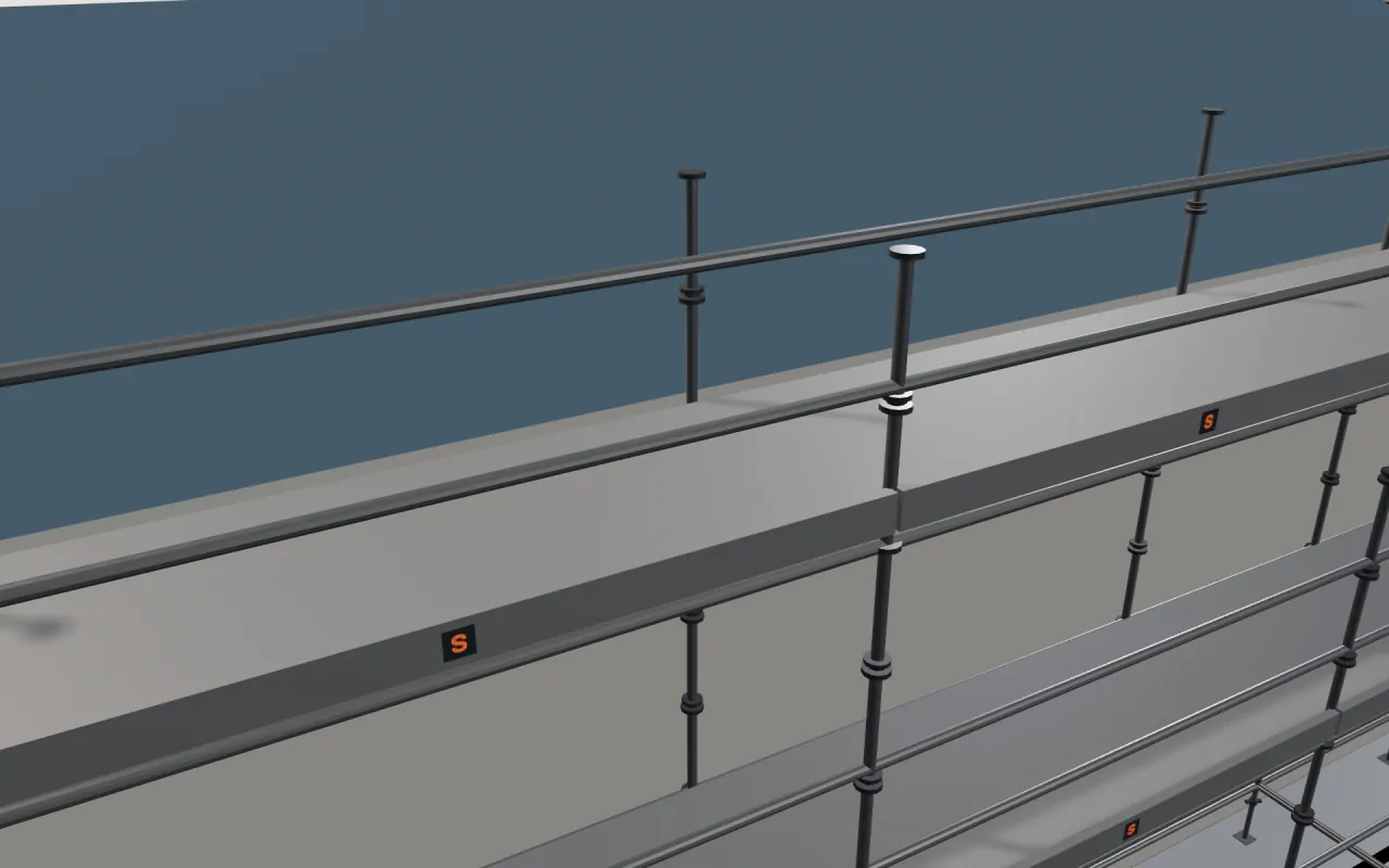 Close-up of the top SGB CUPLOK lift below the eaves, with guardrails and toe boards, in the ScaFix 3D model
