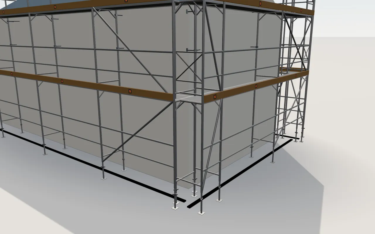Nærbilde av hjørnet der langveggen og gavlveggen møtes, med Solideq RAMSCAFF-spirer, lemmer, rekkverk og fotlister i ScaFix sin 3D-modell