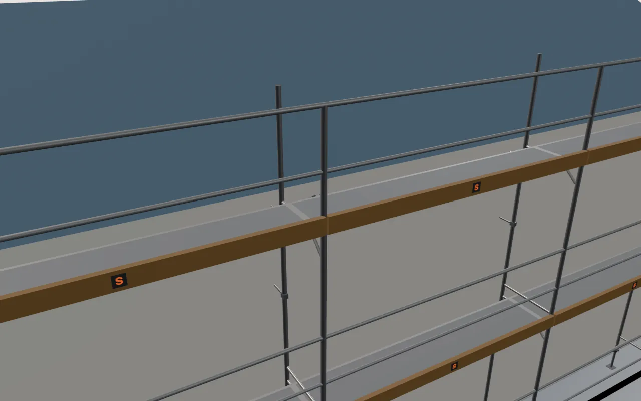 Nærbilde av øverste Solideq RAMSCAFF-etasje under takfoten, med rekkverk og fotlister, i ScaFix sin 3D-modell