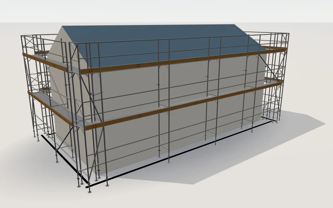 Solideq RAMSCAFF-stillas rundt et hus på 11,4 × 5,3 m med saltak (gesims 4,5 m, møne 6 m), tegnet av ScaFix sin 3D-modell