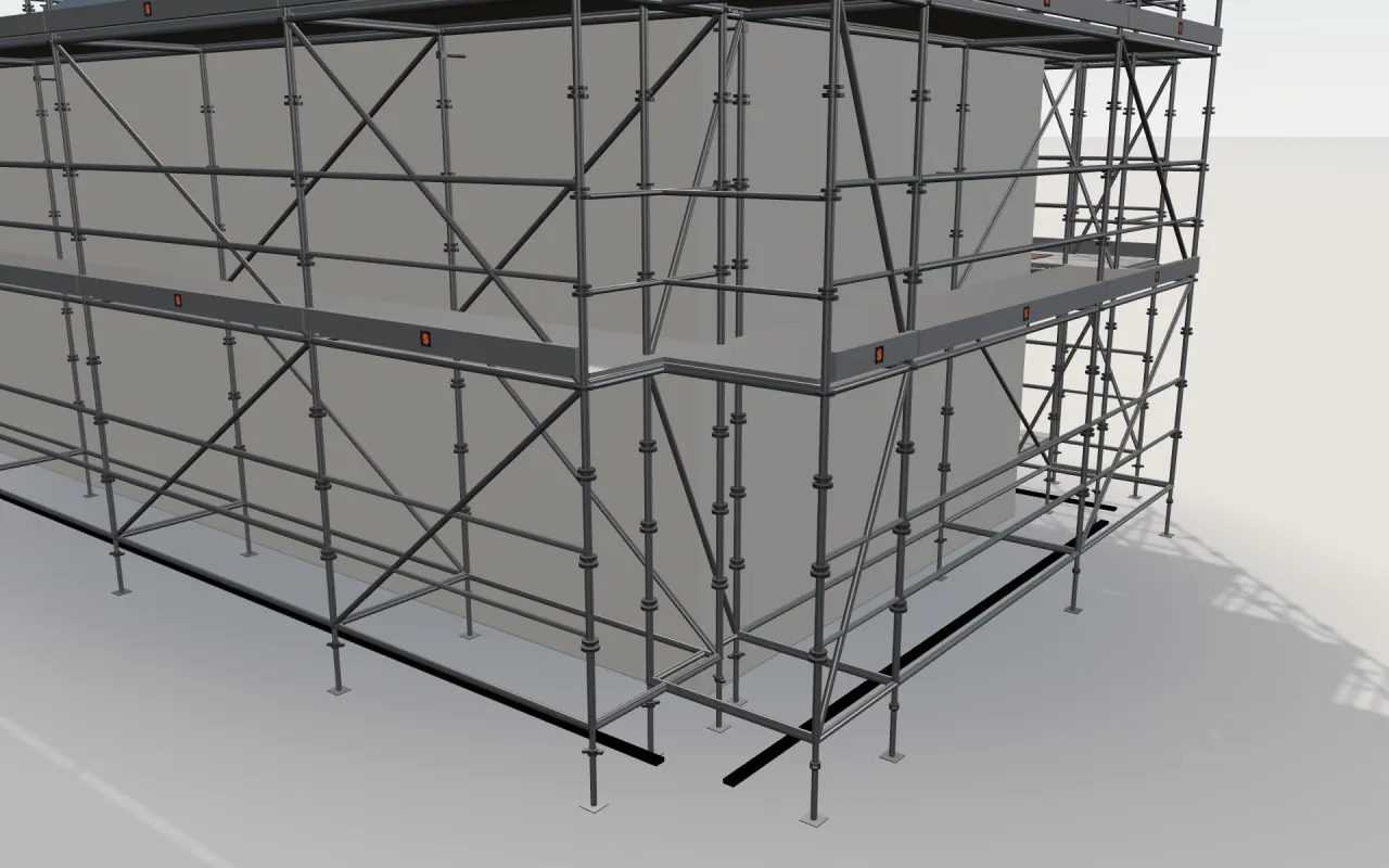 Close-up of the corner where the long wall and the gable wall meet, with StepUp Cuplock standards, decks, guardrails and toe boards in the ScaFix 3D model