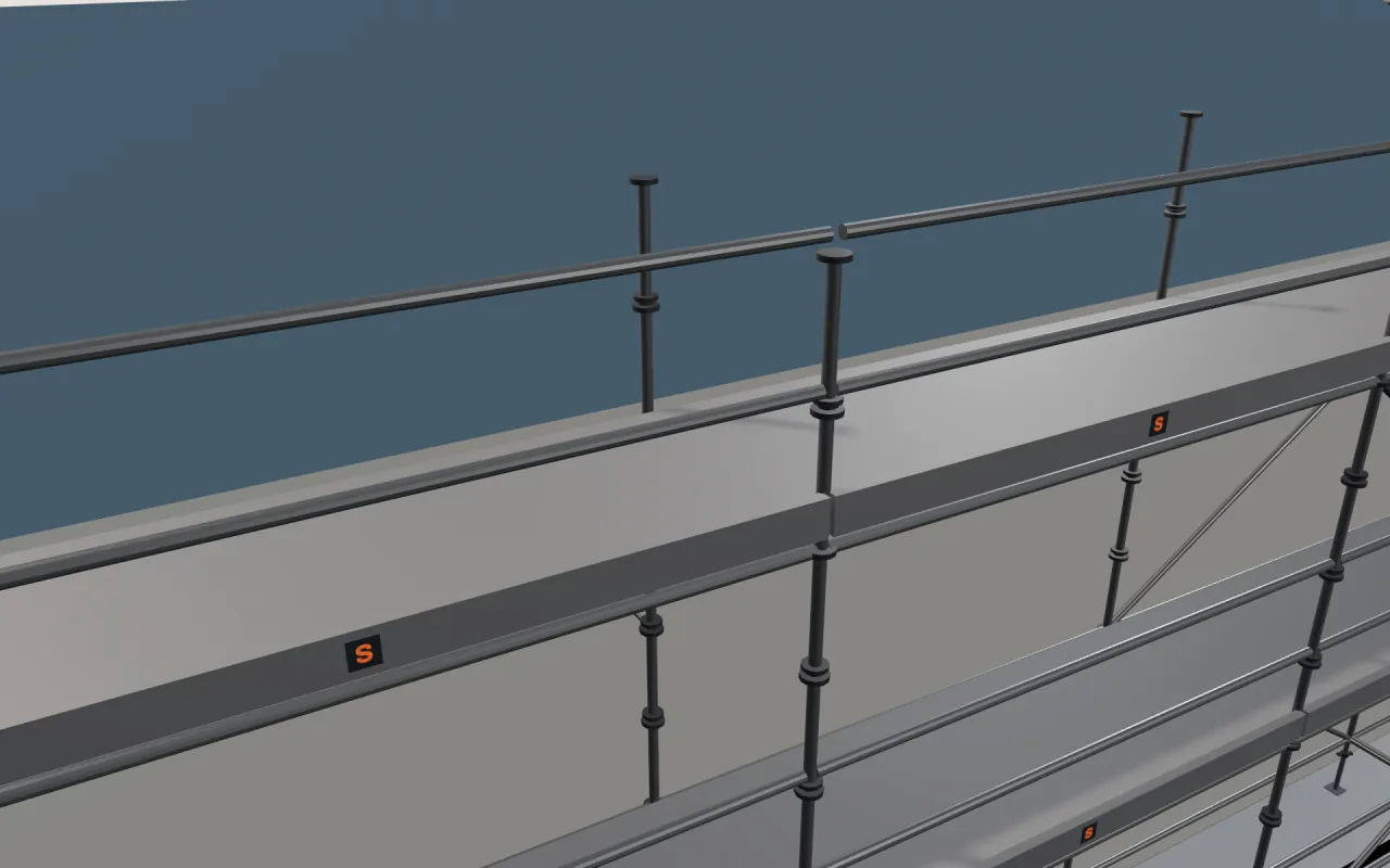 Close-up of the top StepUp Cuplock lift below the eaves, with guardrails and toe boards, in the ScaFix 3D model