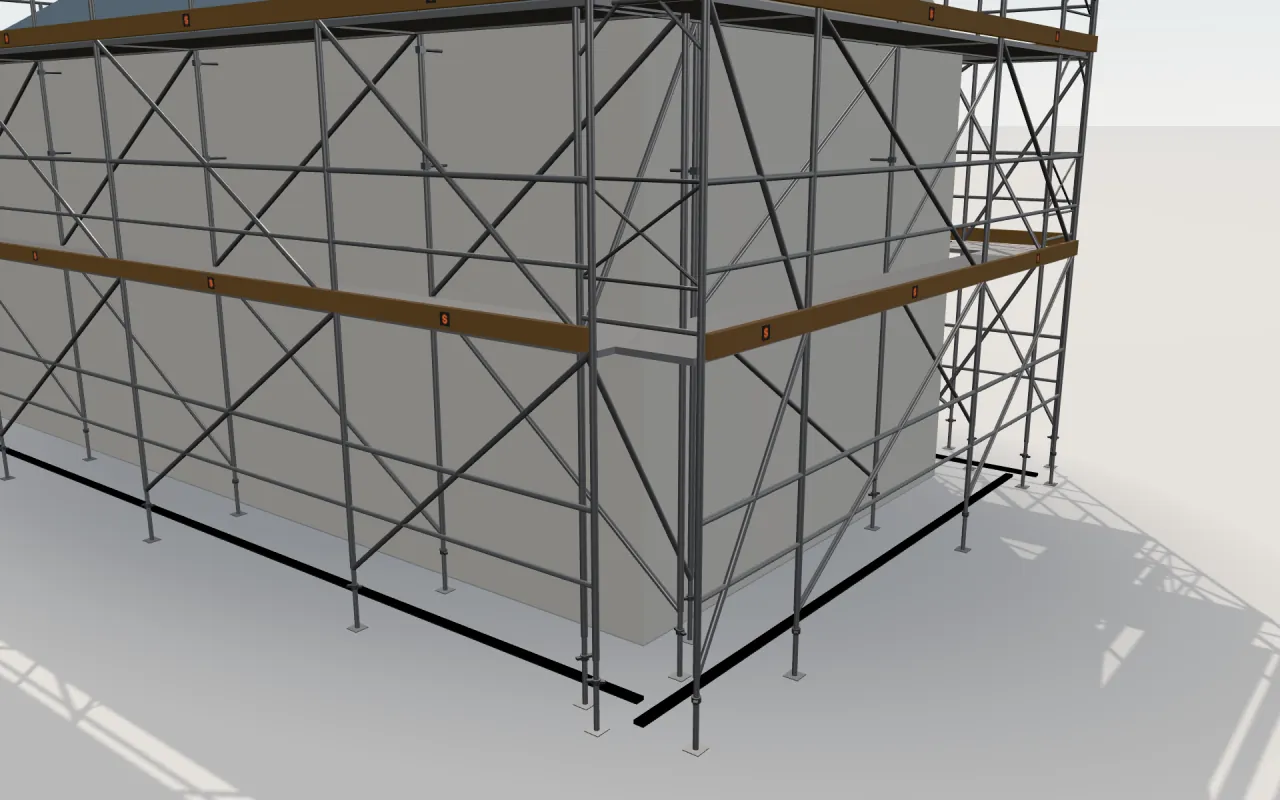 Close-up of the corner where the long wall and the gable wall meet, with StepUp Frame & Brace standards, decks, guardrails and toe boards in the ScaFix 3D model