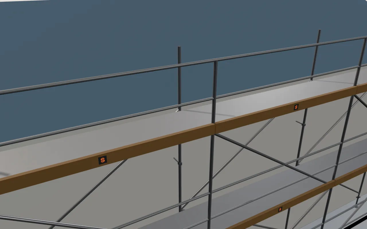 Close-up of the top StepUp Frame & Brace lift below the eaves, with guardrails and toe boards, in the ScaFix 3D model